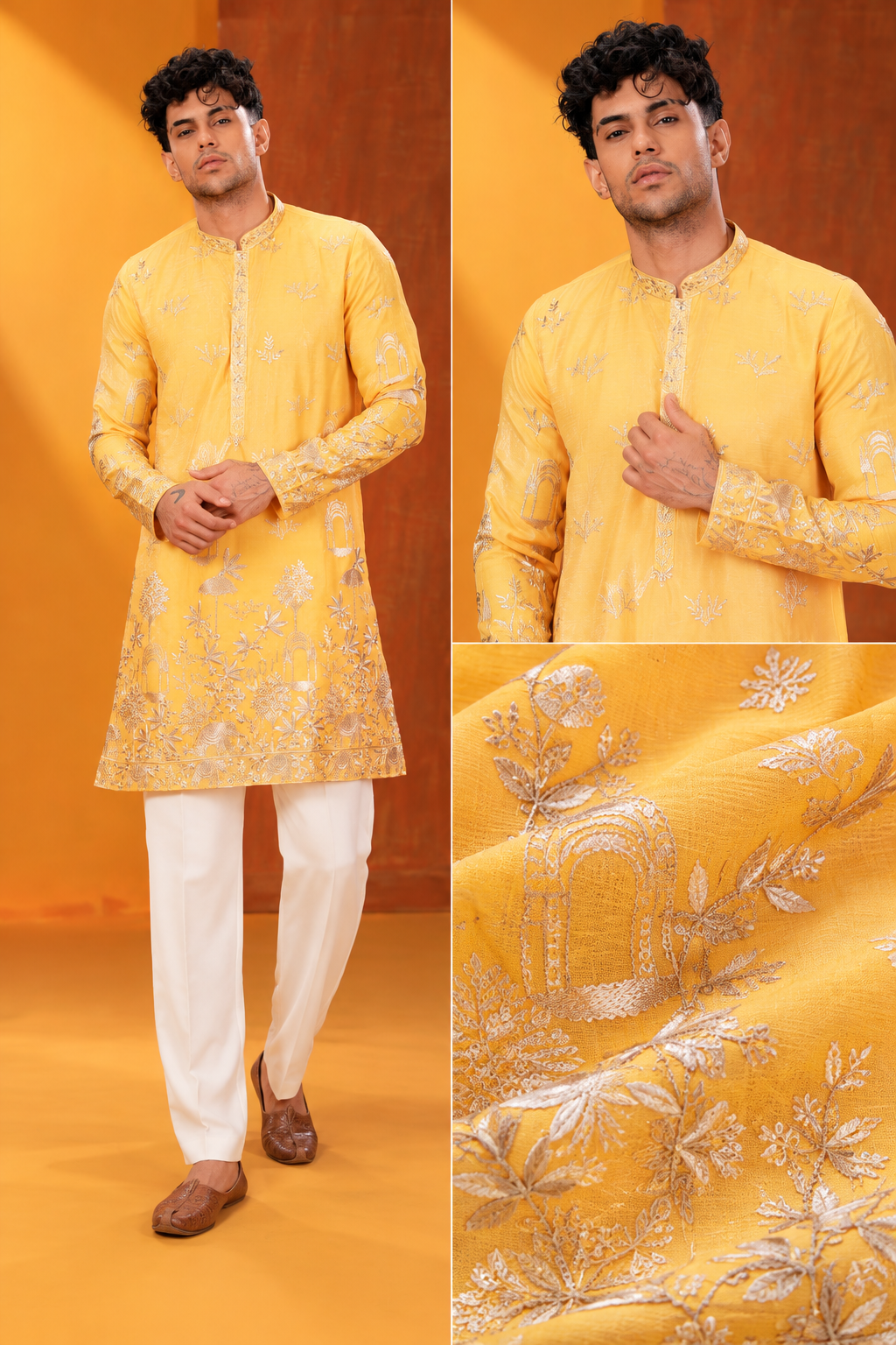 Golden Yellow Embroidered Festive Kurta – Premium Men’s Ethnic Look