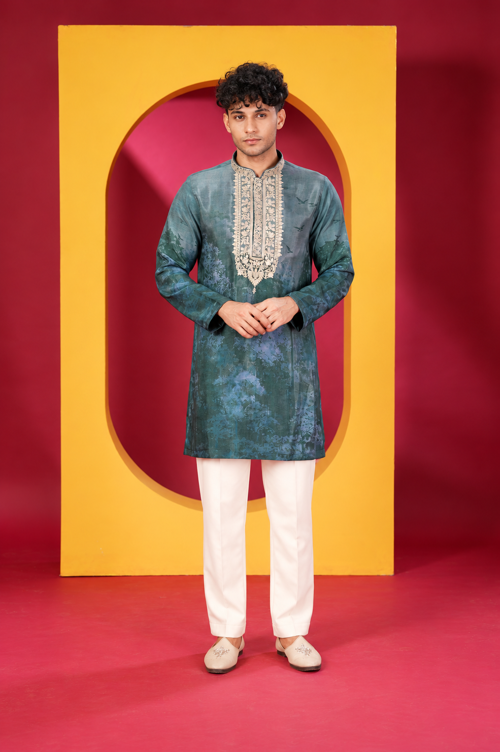 Men's Premium Teal Blue Printed Kurta  Neckline and White Pant Set