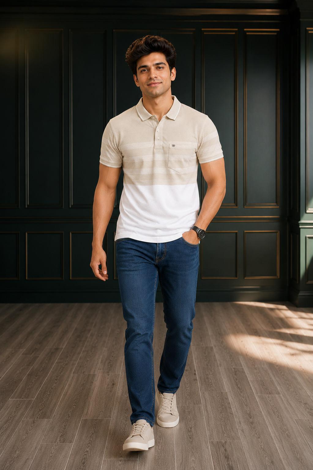 Men's Premium Beige Gradient Striped Polo T-Shirt