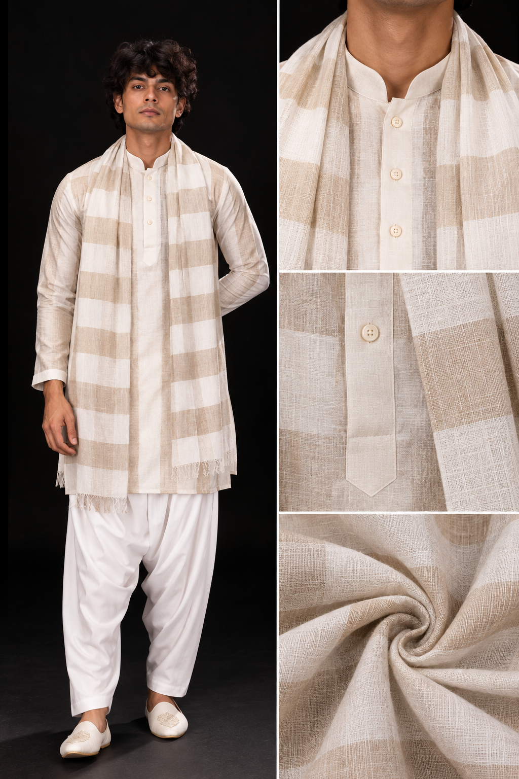 Beige Check Kurta Set with Stole