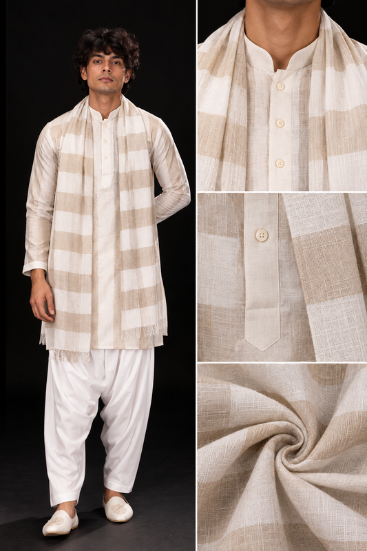 Beige Check Kurta Set with Stole