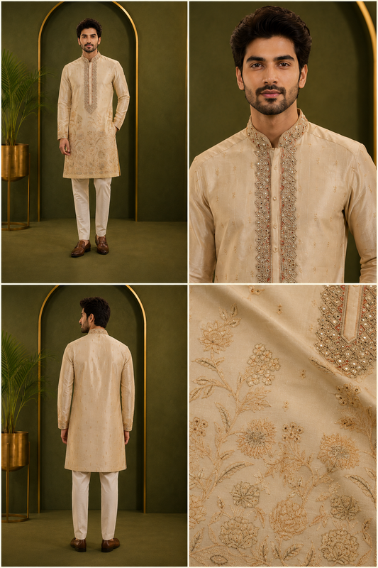 Champagne Beige Floral Embroidered Men’s Festive Kurta