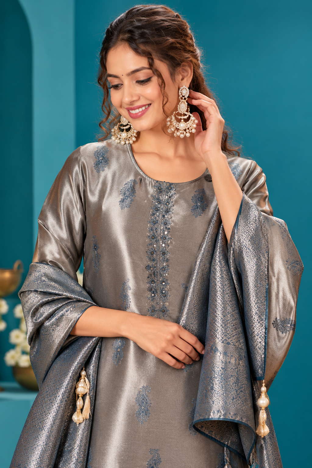 Elegant Silver & Teal Festive Kurti Set