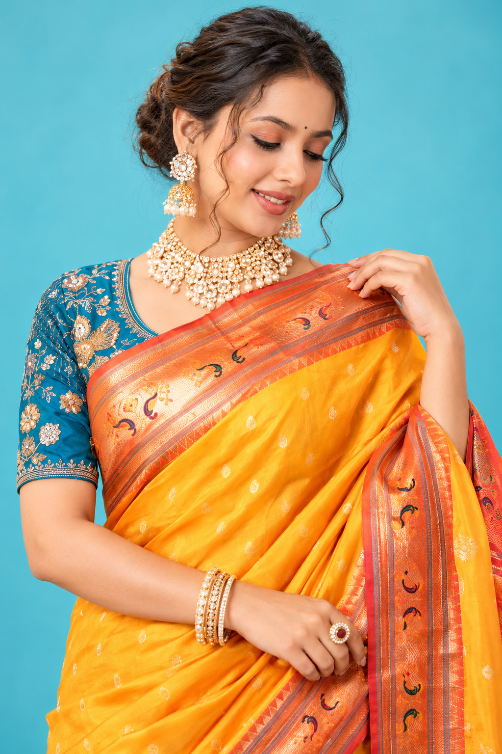 Royal Golden Yellow Designer Saree with Orange Traditional Border & Rich Printed Pallu