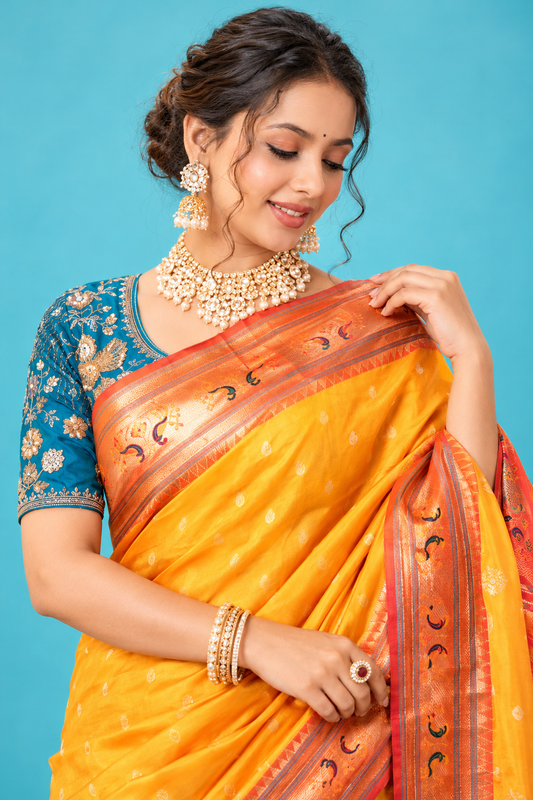 Royal Golden Yellow Designer Saree with Orange Traditional Border & Rich Printed Pallu