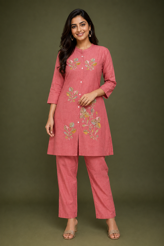 Pink Floral Embroidered Kurta Pant Set