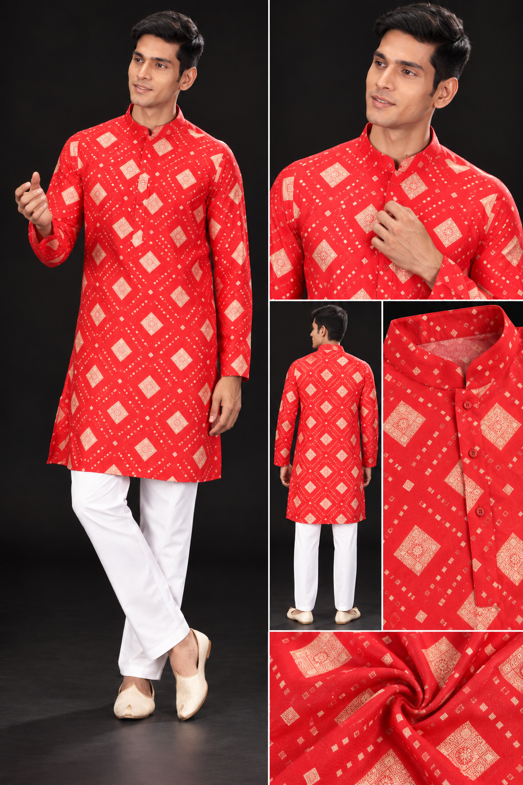 Red Geometric Print Festive Kurta for Men