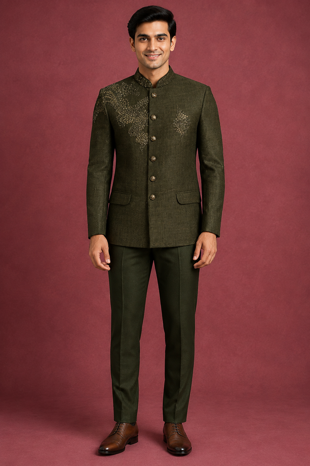 Olive Green Embellished Jodhpuri Suit for Men
