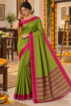 Green Saree with Rani Pink Border & Striped Pallu