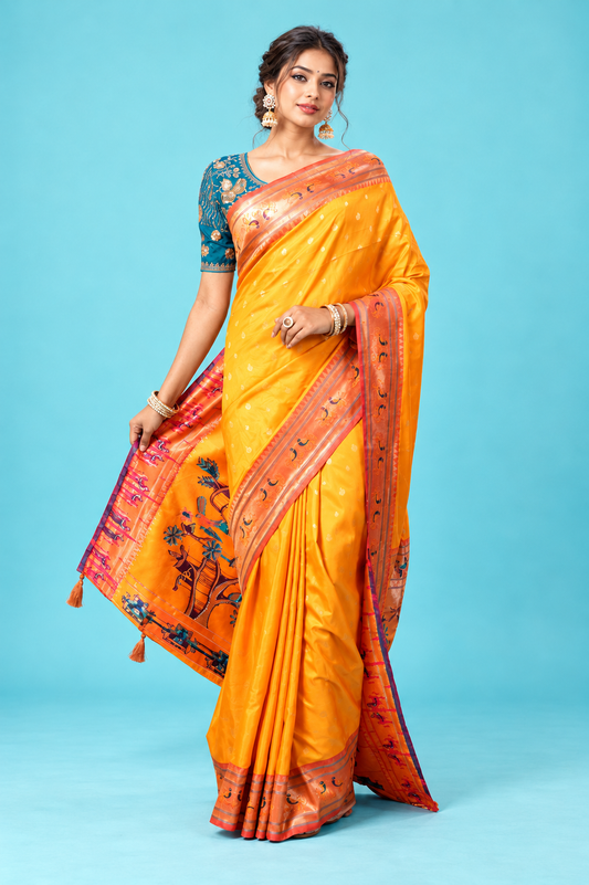 Royal Golden Yellow Designer Saree with Orange Traditional Border & Rich Printed Pallu