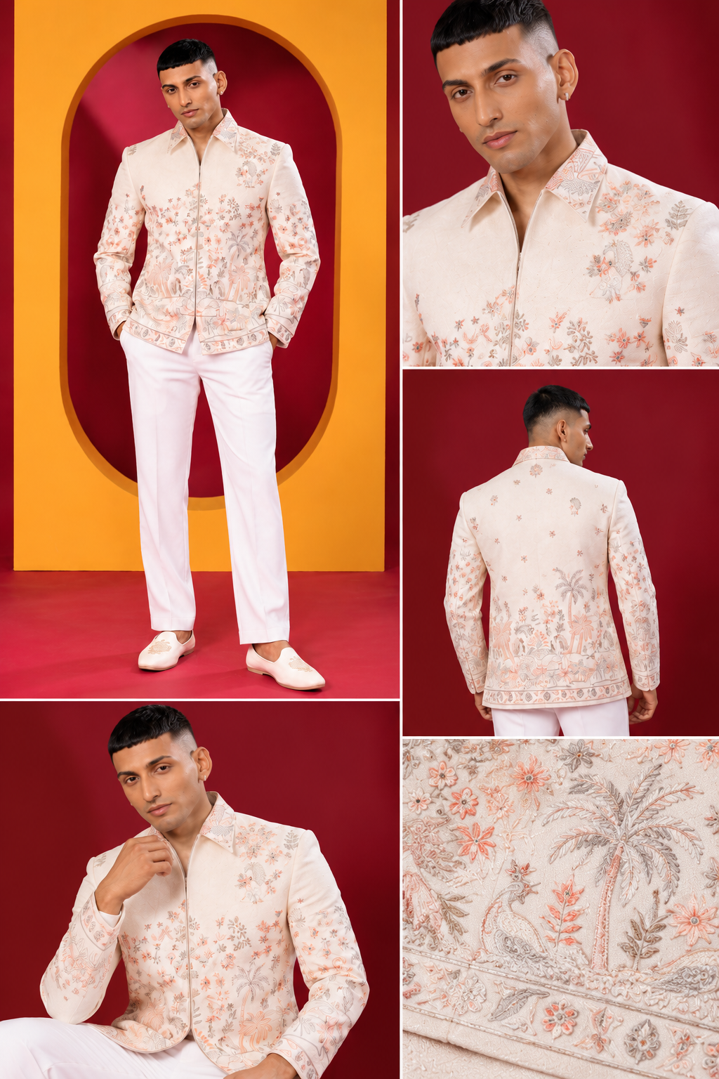 Men's Premium Ivory White FloralIndo-Western Jacket with White Trouser Set