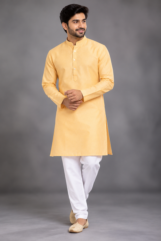 Men's Pastel Golden Yellow Kurta with White Pant
