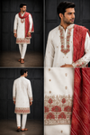 White Embroidered Kurta with Red Bandhani Stole