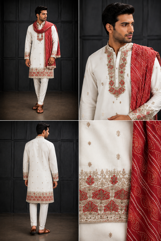 White Embroidered Kurta with Red Bandhani Stole