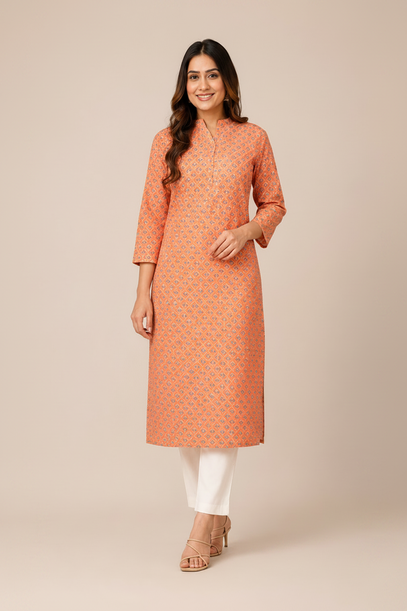 Women’s Peach Printed Straight Kurti