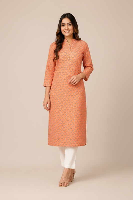 Women’s Peach Printed Straight Kurti