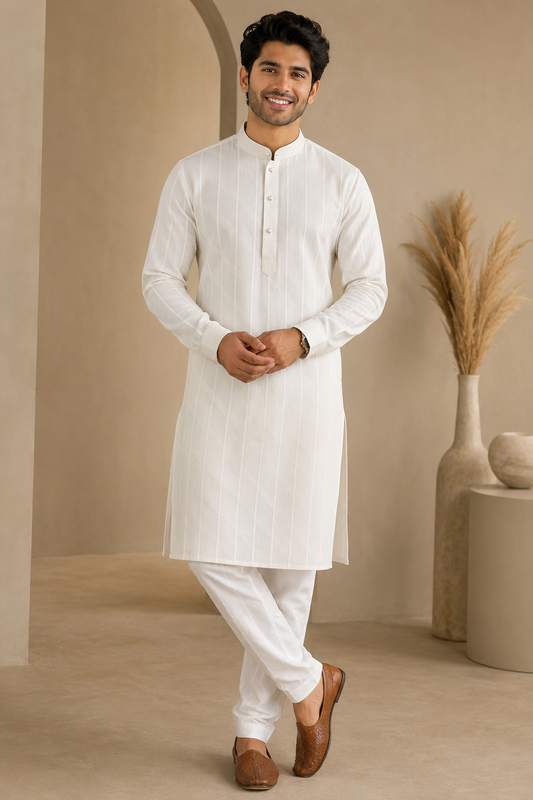 Classic White Self-Patterned Kurta Pajama for Men