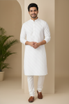 White Diagonal Self-Stripe Kurta for Men