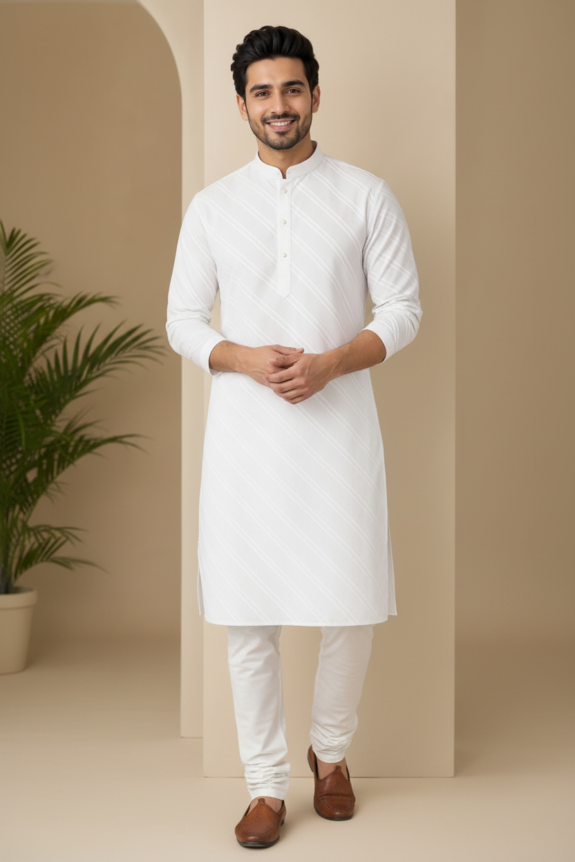 White Diagonal Self-Stripe Kurta for Men