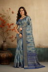 Sky Blue Abstract Print Designer Saree with Elegant Zari Border