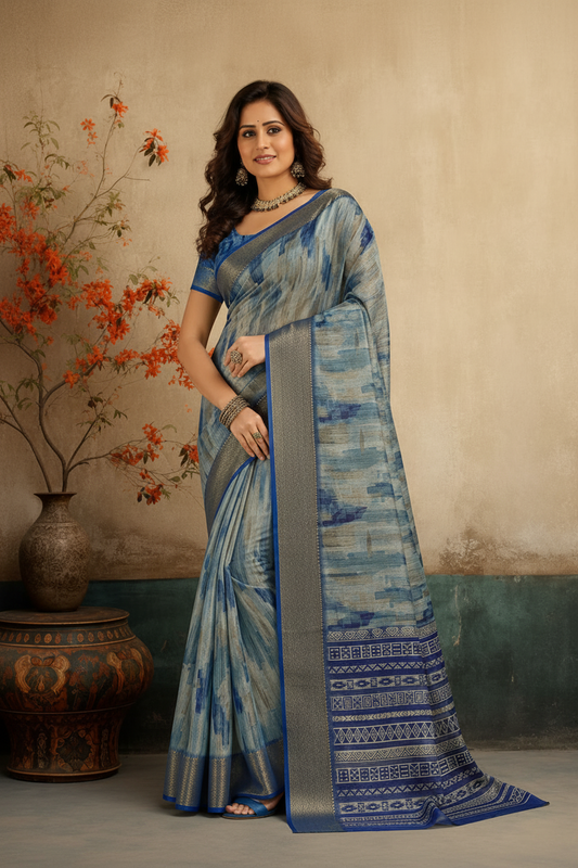 Sky Blue Abstract Print Designer Saree with Elegant Zari Border
