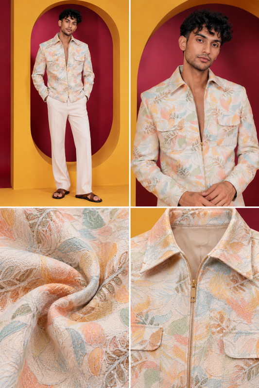 Men's Premium Ivory White Floral Embroidered Indo-Western Jacket