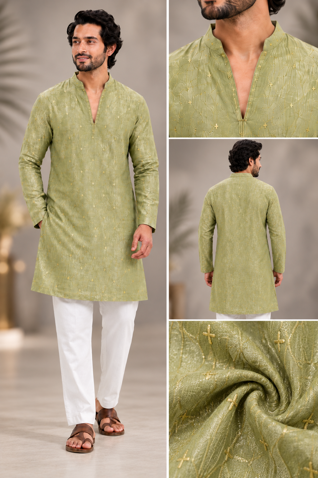 Sage Green Jacquard Kurta for Men