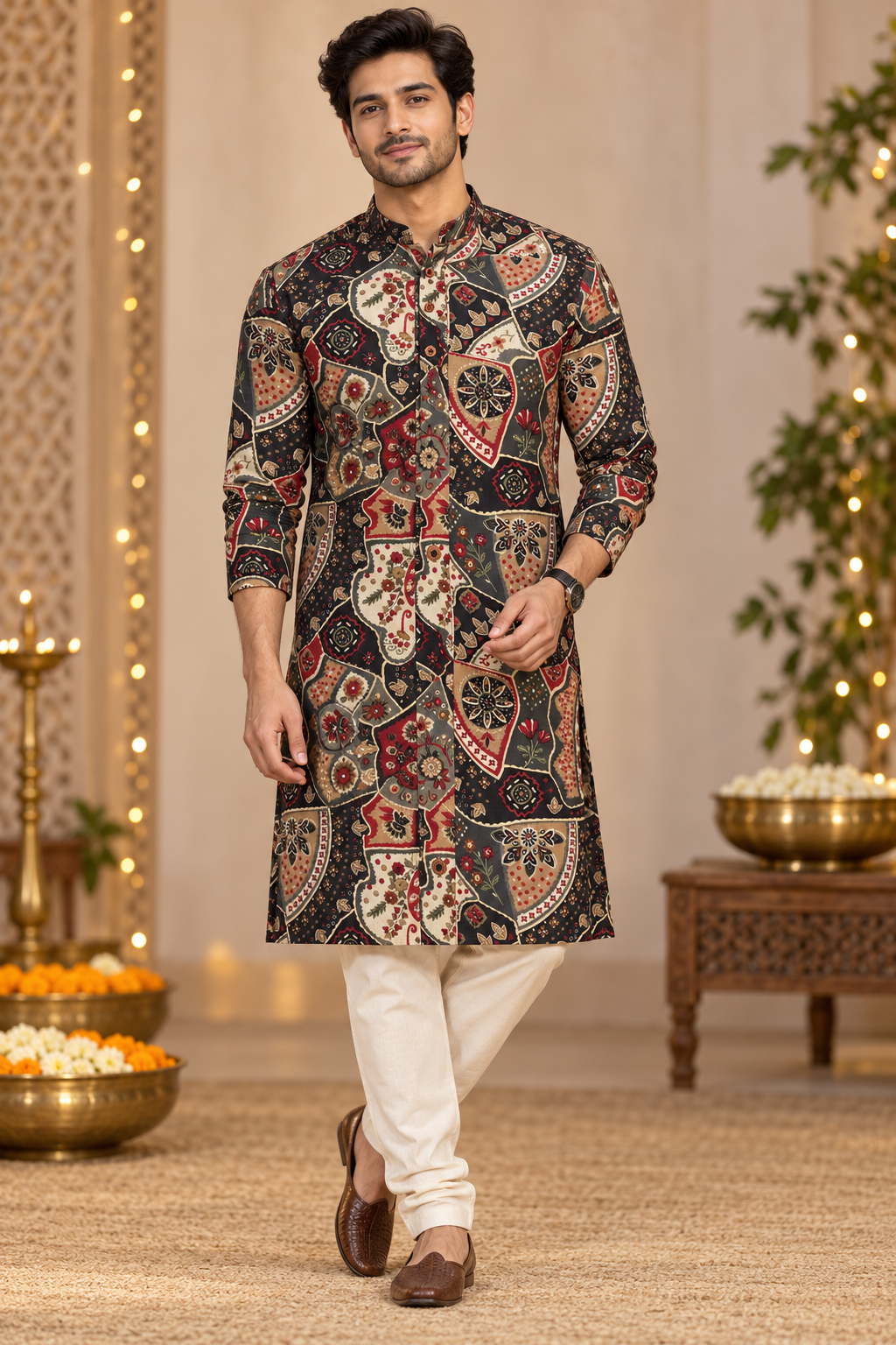 Black Multicolor Traditional Patchwork Print Kurta