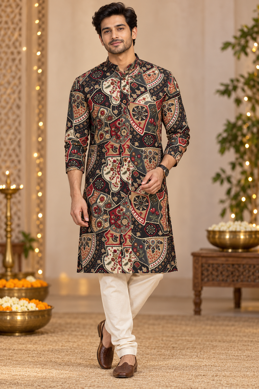 Black Multicolor Traditional Patchwork Print Kurta