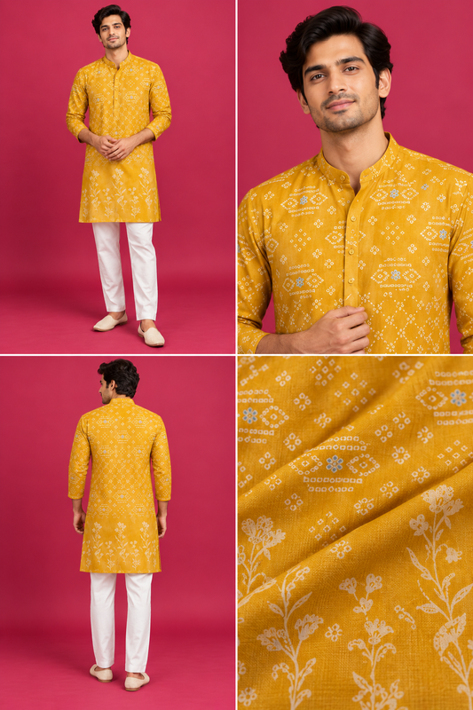 Mustard Yellow Printed Festive Kurta Set
