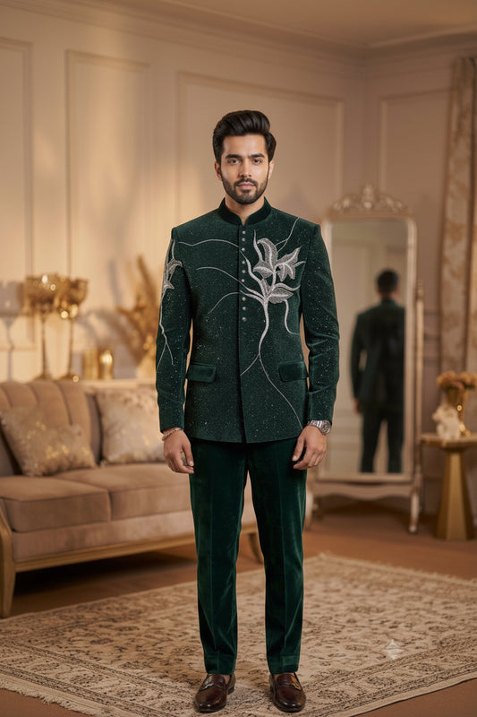 Men’s Emerald Green Embroidered Jodhpuri Suit Set
