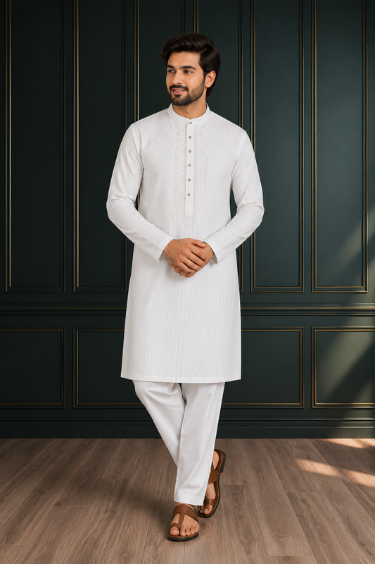 White Striped Embroidered Kurta Pajama for Men