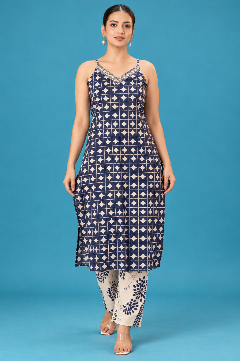 Navy Geometric Print Indo-Western Dress