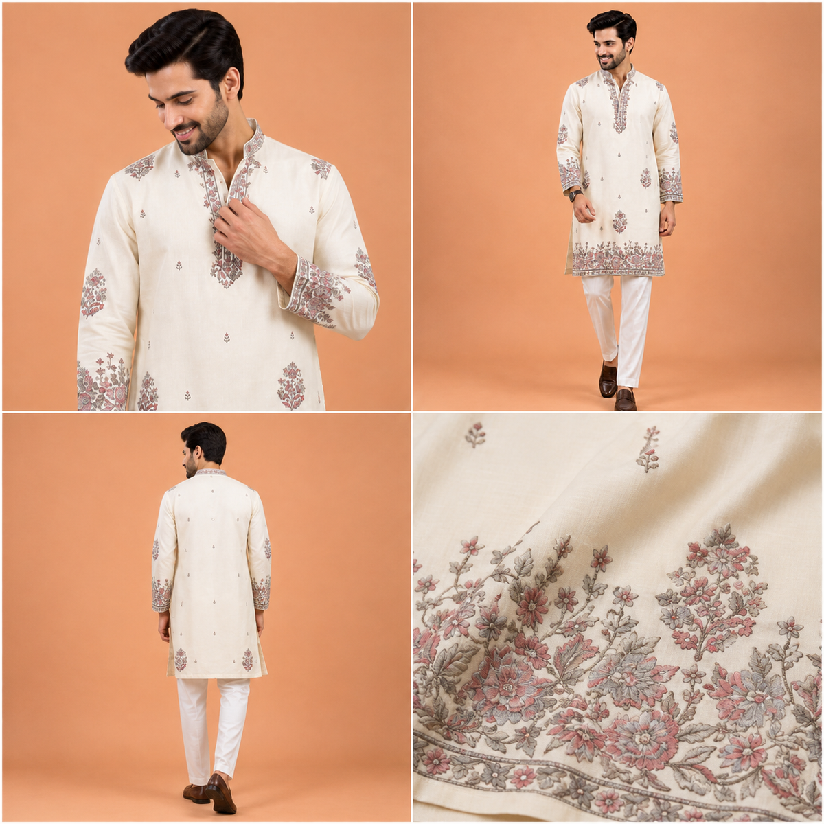 Ivory Floral Motif Festive Men’s Kurta Set