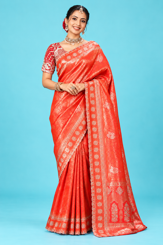 Royal Coral Red Designer Saree with Golden Zari Woven Motifs & Rich Traditional Pallu
