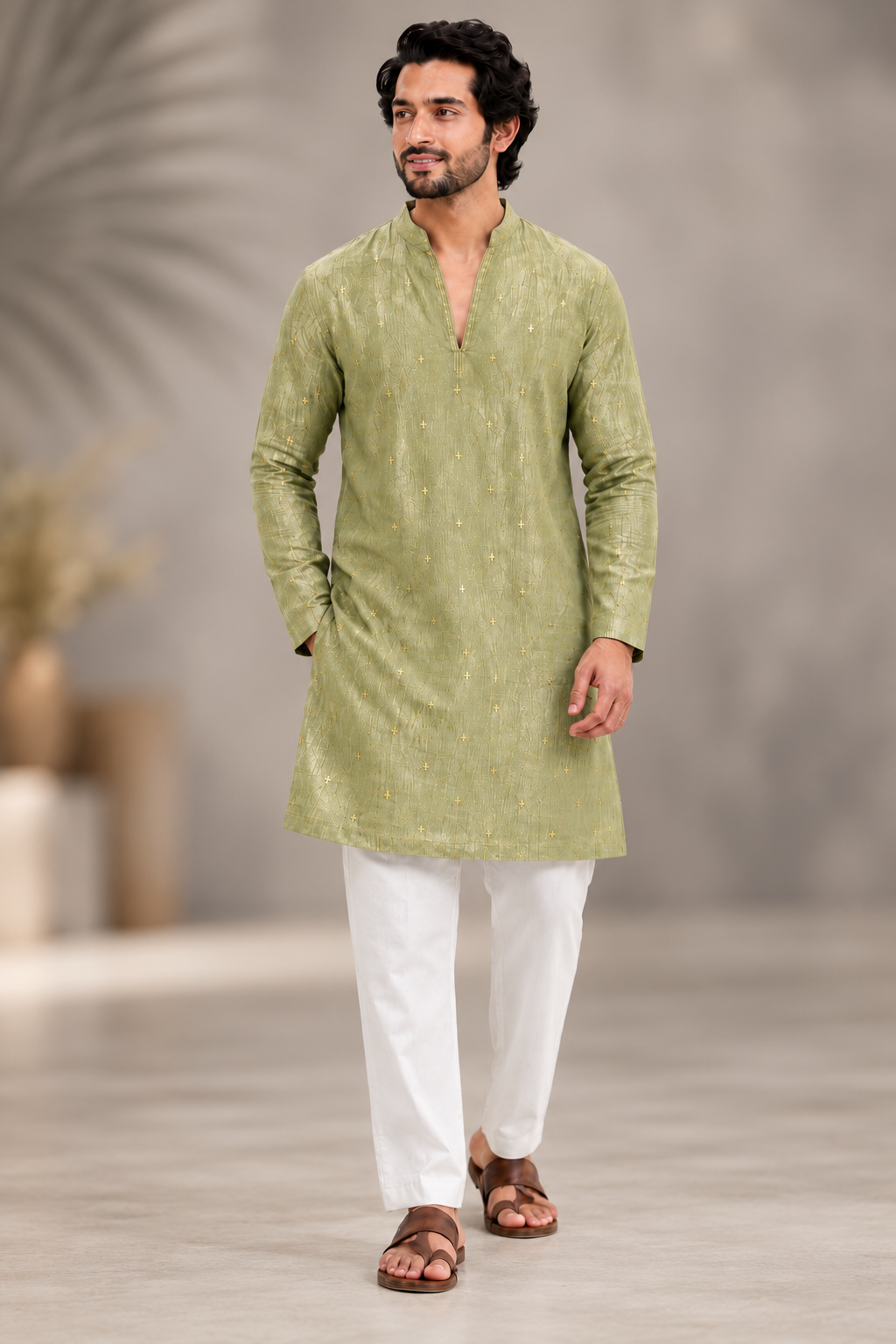 Sage Green Jacquard Kurta for Men