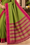 Green Saree with Rani Pink Border & Striped Pallu