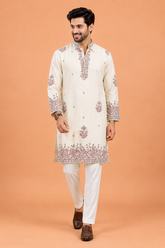 Ivory Floral Motif Festive Men’s Kurta Set