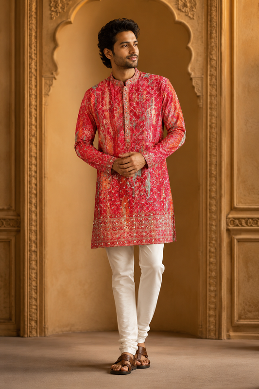 Vibrant Red Embellished Men’s Festive Kurta