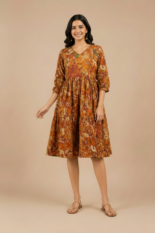 Women Floral Printed Cotton Midi Dress