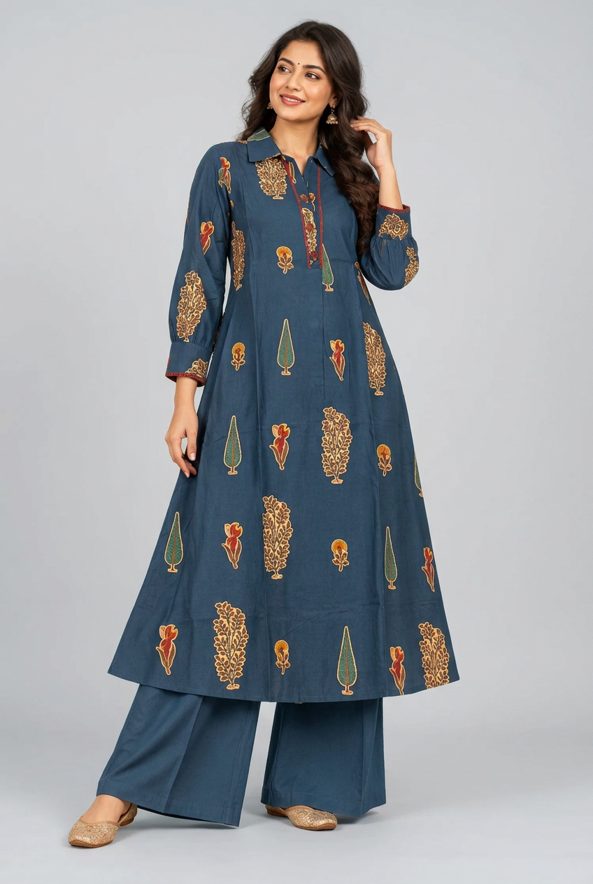 Elegant Teal Blue Floral Printed Anarkali Kurta Set