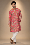 Coral Red Floral Print Festive Kurta for Men