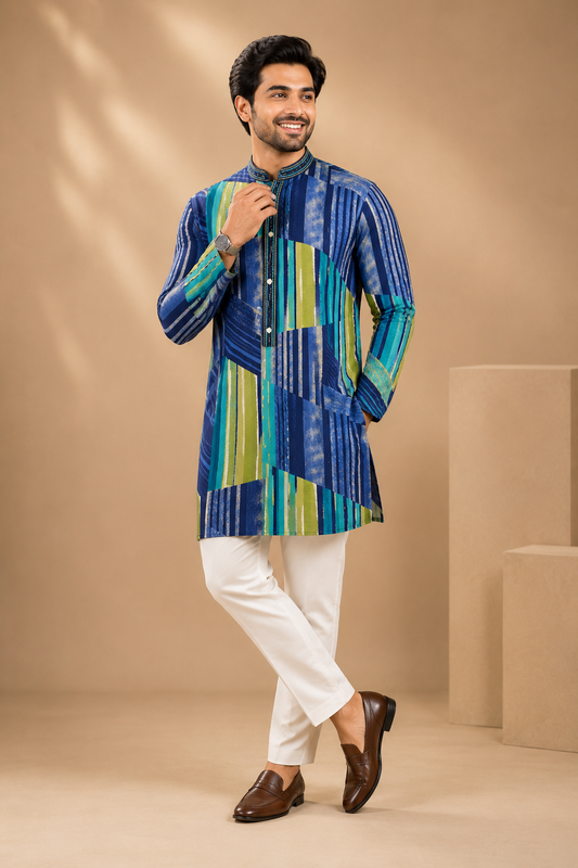 Multicolour Geometric Print Men’s Festive Kurta Set