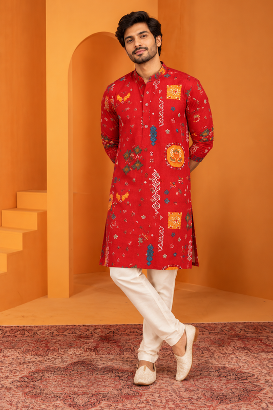 Men's Red Printed Ethnic Only Kurta