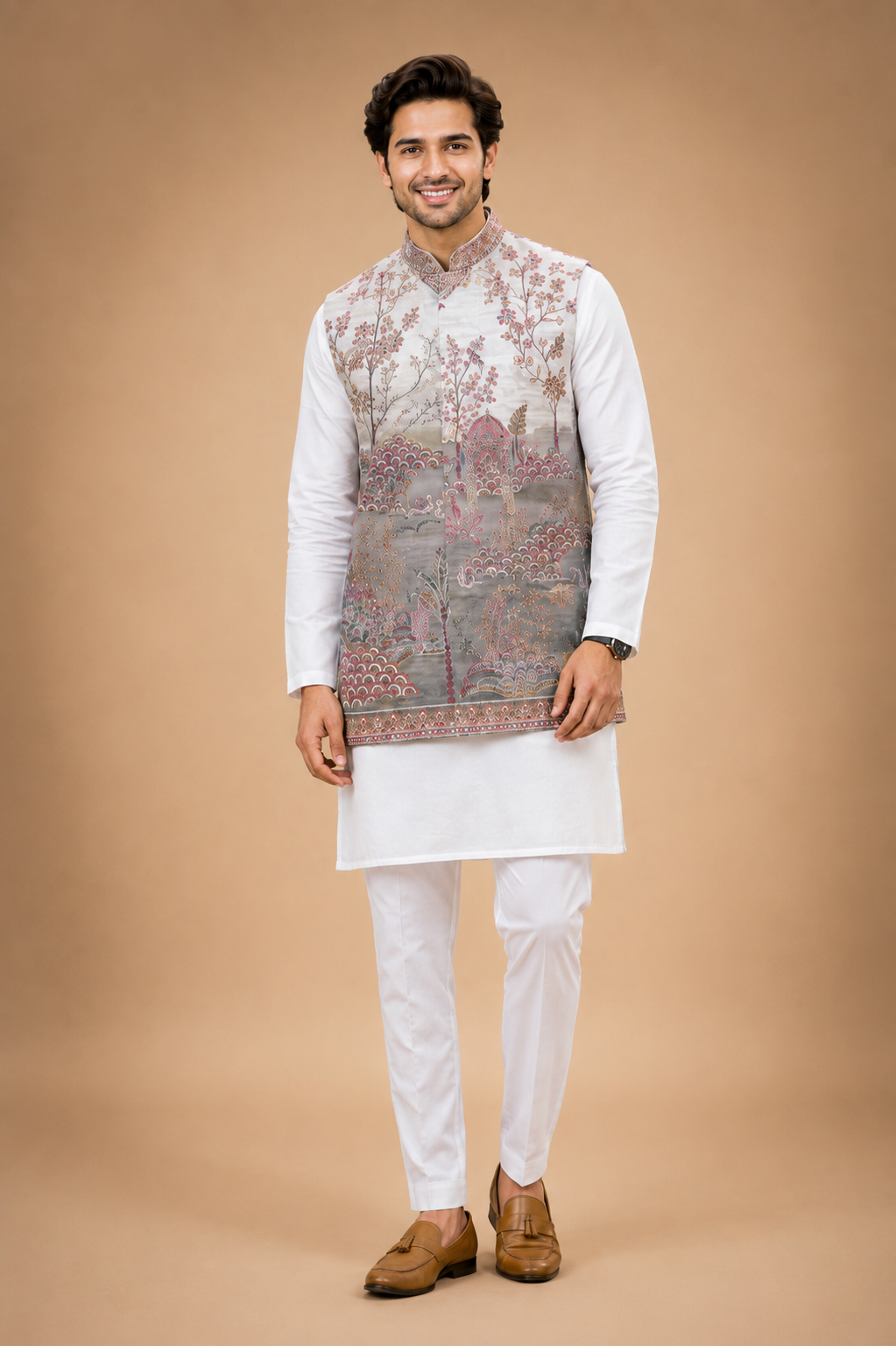 Ivory Grey Heritage Printed Nehru Jacket