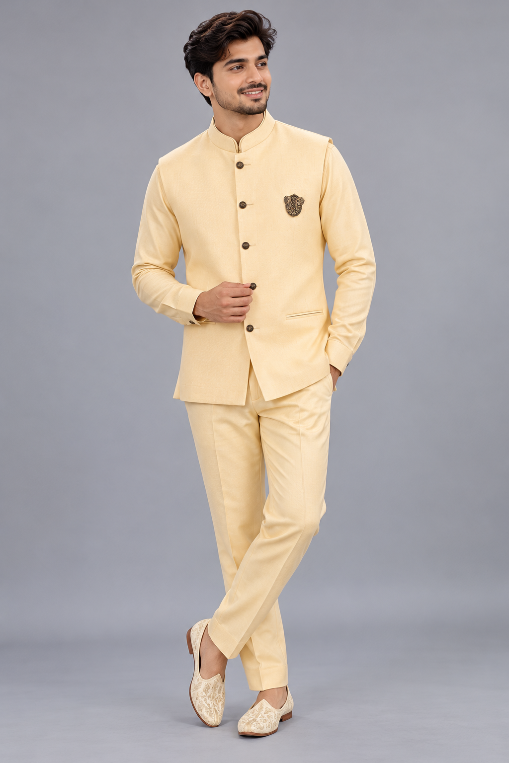 Premium Cream Men's jacket with Shirt Antique Brooch