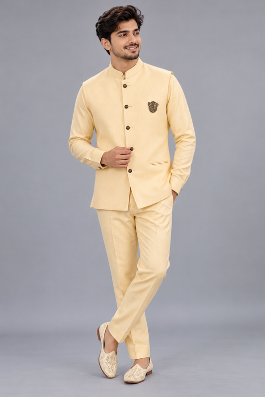 Premium Cream Men's jacket with Shirt Antique Brooch