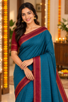 Teal Blue Saree with Maroon Border & Golden Dotted Weave