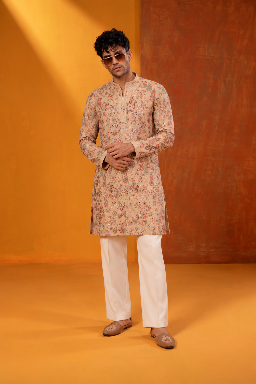 Beige Paisley Embroidered Festive Kurta Set