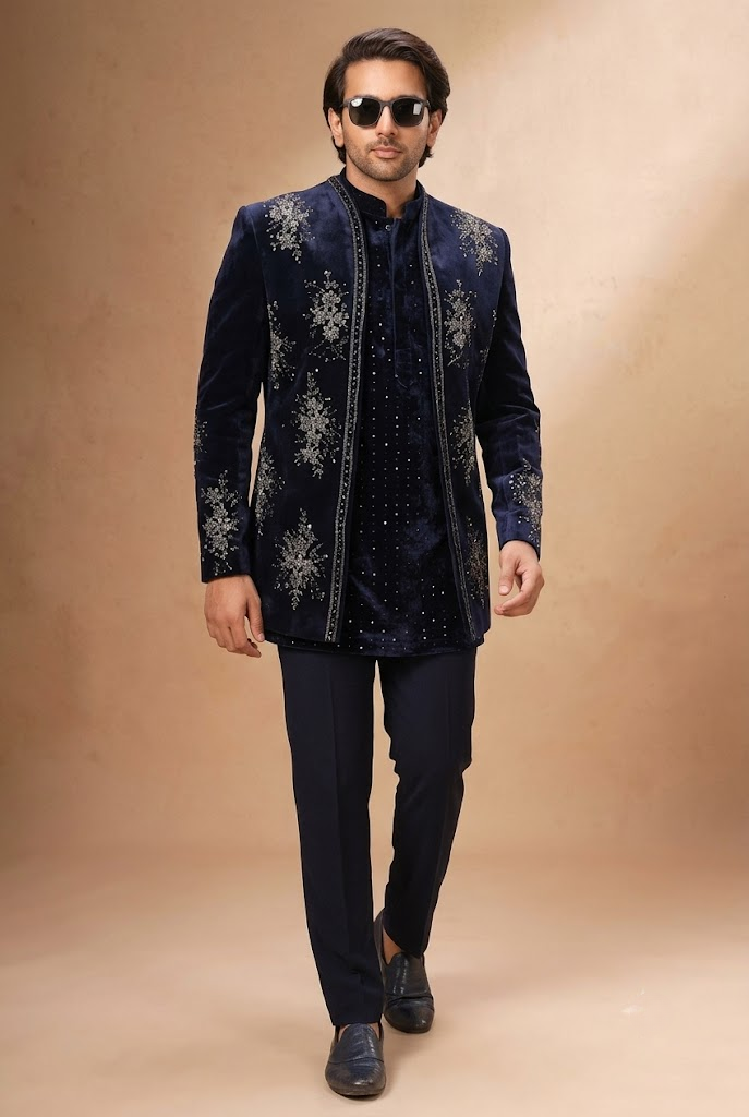 Midnight Navy Embroidered Indo-Western Jacket Set